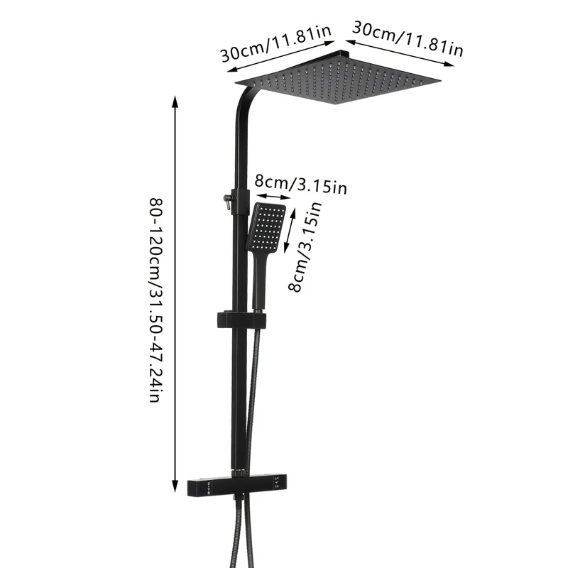 GDRASUYA10 30cm Black Shower Set, Wall Mount Square Rainfall Shower System, Stainless Steel, Polished Finish, Non-Electric Rain Shower and Handheld Shower Combo, for Home, Bathroom, School, Spa, Hotel