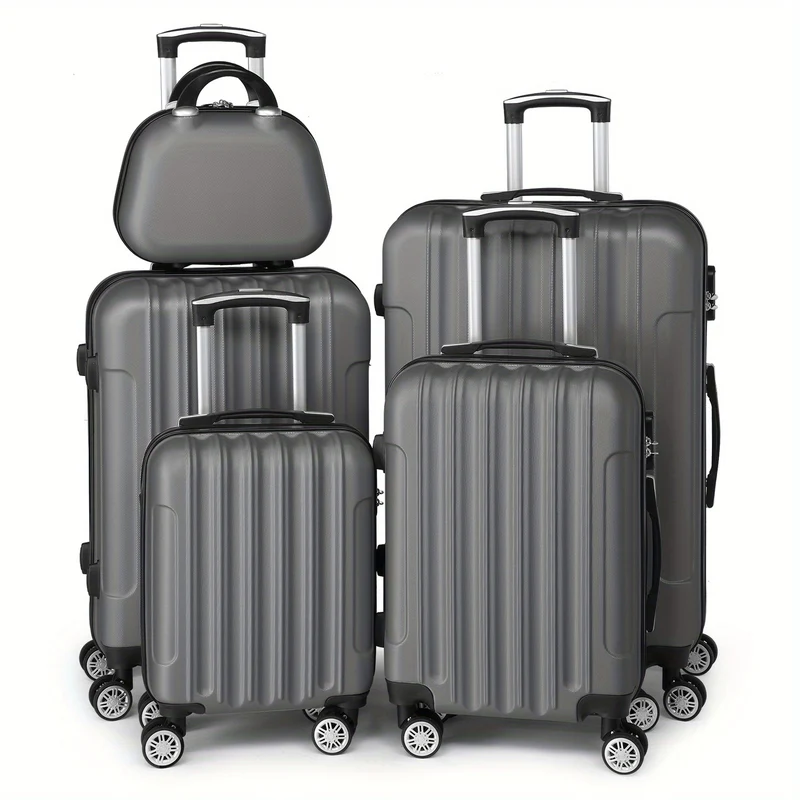 Kofferset – Reiskoffers – Trolley – Handbagage – Ruimbagage – Hardcase ABS – 360° Spinnerwielen – TSA Slot – 5-delig – Lichtgewicht – Grijs