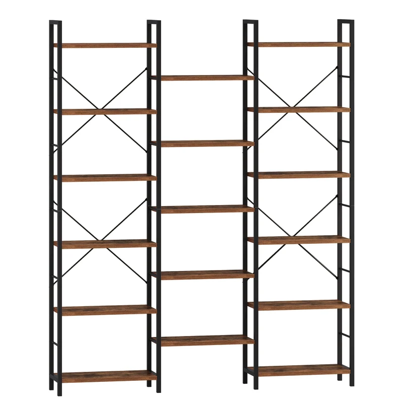 Boekenrek – Boekenkast – Wandrek – Vakkenkast – Opbergrek – Verstelbare Planken – 17 Planken op 6 Niveaus – 24 x 152 x 186 cm – Max. Draagkracht 340 kg – Retro Bruin/Zwart