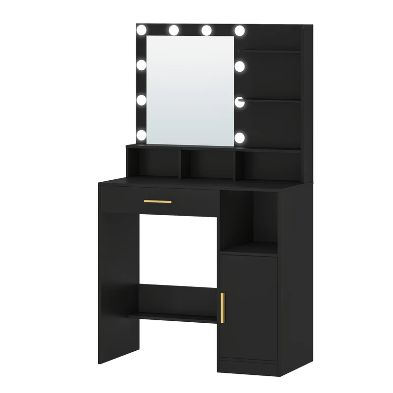 Kaptafel – Make-up Tafel – Opmaaktafel – Vanity – Spiegeltafel – LED Verlichting – Ruime Opbergruimte Met Lade En Kast – Modern Zwart
