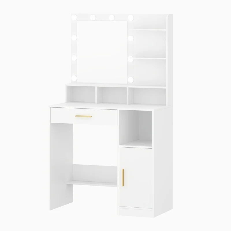 Kaptafel – Make-up Tafel – Dressing Table – Cosmeticatafel – Met Spiegel – LED Verlichting – 3 Planken en 4 Vakken – Grote Lade en Kast – 80x40x140 cm – Wit
