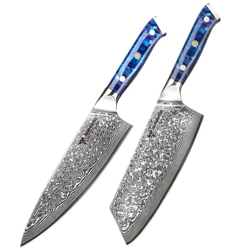 Koksmes – Nakiri Mes – Keukenmes – Damastmes – Professioneel Mes – Set van 2 – VG10 Damascus Staal – Ergonomisch Resin Handvat