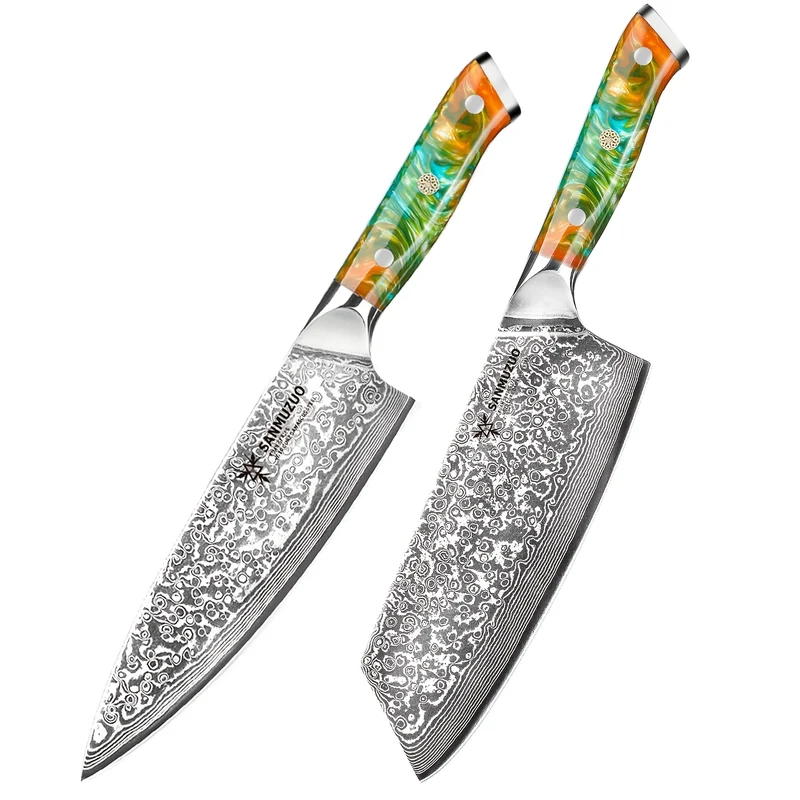 Nakiri mes – Groentemes – Koksmes – Hakmes – Damastmes – Set van 2 – VG10 Damaststaal – Resin Handvat