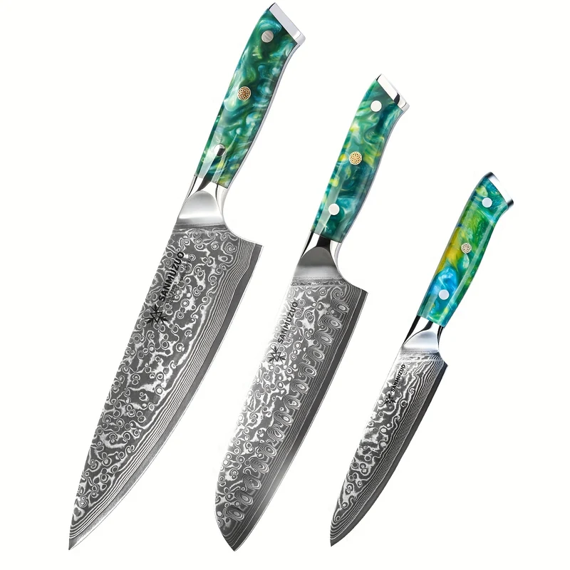 Koksmes – Keukenmes – Santokumes – Broodmes – Universeelmes – VG10 Damascus Staal – Resin Handvat – 3-delige Set – Groen