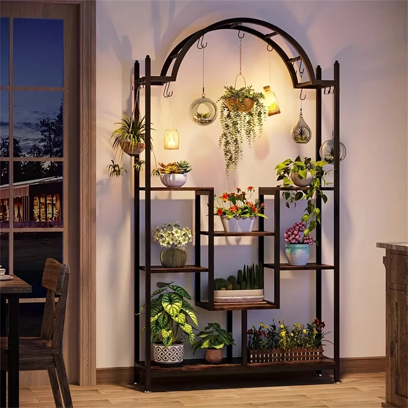 Plantenstandaard – Plantentafel – Bloemenrek – Plantenrek – Plantenkast – Zwart Metalen Frame – 5 Lagen Met Ophanghaken