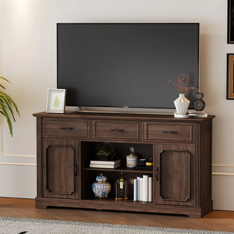 tv meubel – tv kast – tv dressoir – entertainment meubel – televisie meubel – mid-century design – 3 laden – verstelbare planken – geschikt voor tv tot 165 cm – duurzaam houtfiberboard
