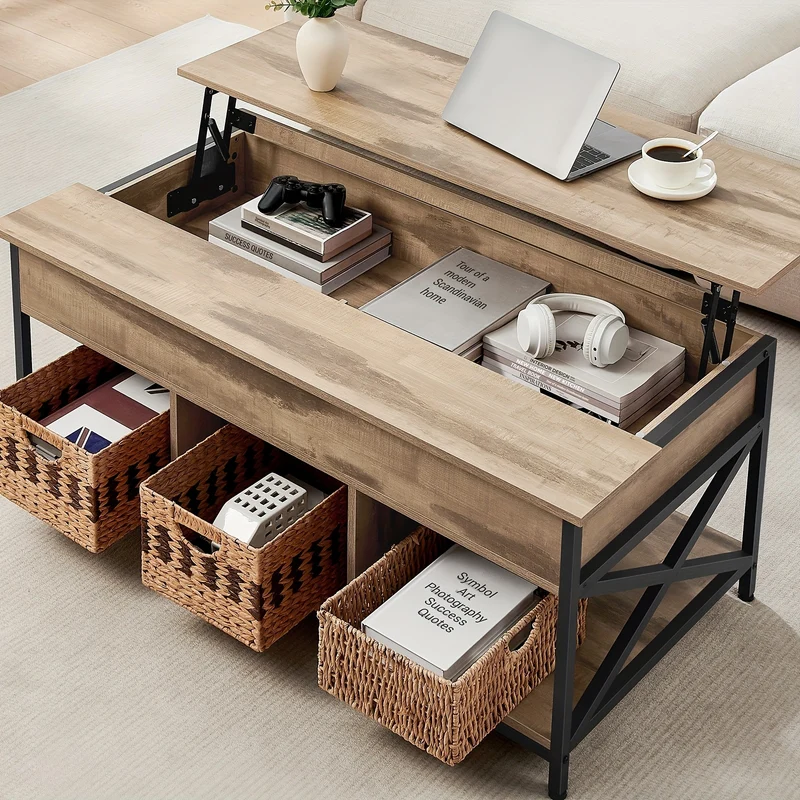 Lift-Top Salontafel – Koffietafel – Multifunctionele Tafel – Opbergtafel – Verstelbare Tafel – Massief Hout Camelbruin – Verhoogbaar Tafelblad 48-62 cm – Stevige X-Vormige Stalen Steun