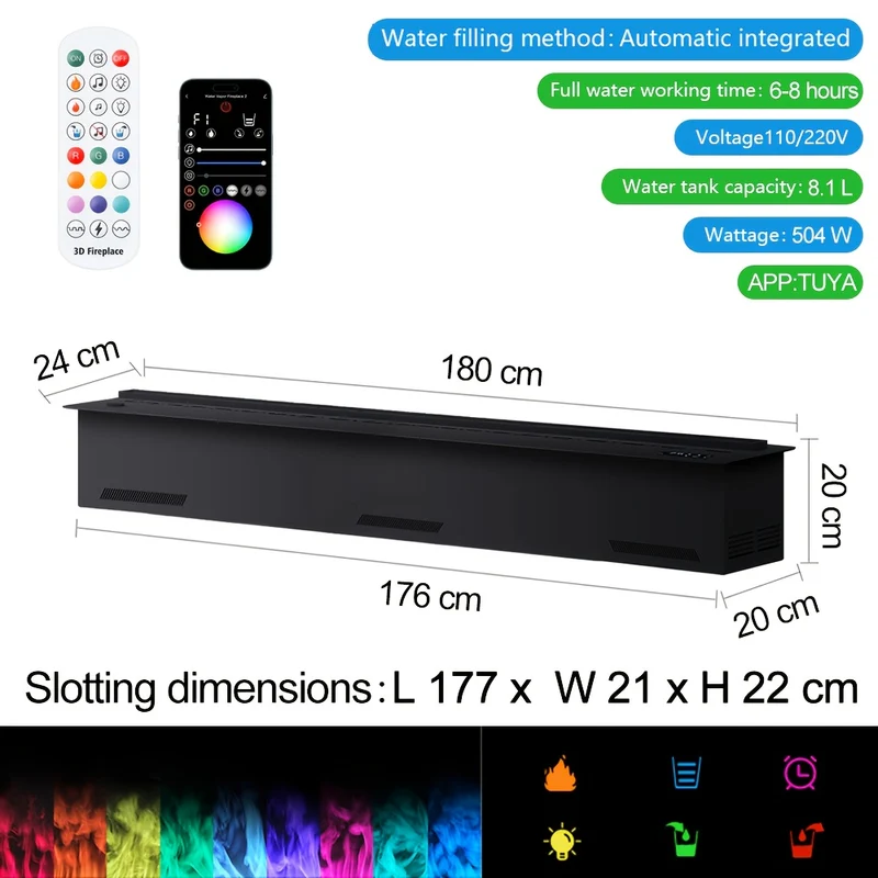 Elektrische haard – Sfeerhaard – Open haard – Elektrische kachel – 3D LED vlameffect in 9 kleuren – App bediening en luchtbevochtiger – 180 cm breed – Inclusief vuurgeluid