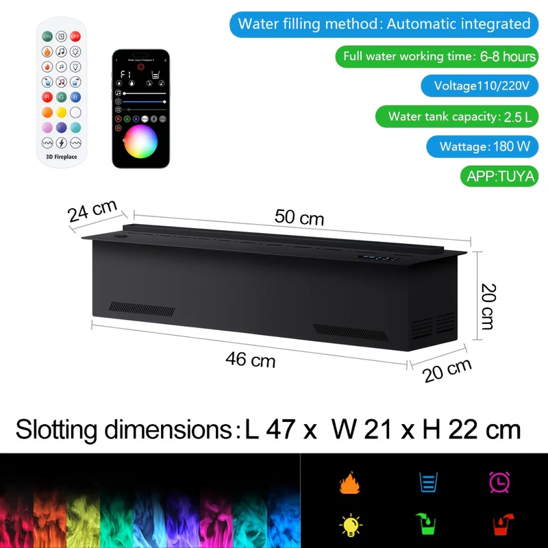 3D Smart Elektrische Haard – Elektrische Wandhaard – Sfeerverwarming – LED Haard – Mistbevochtiger – 50 cm Compact Formaat – App- en Afstandsbediening – 9 Kleuren LED Vlameffect