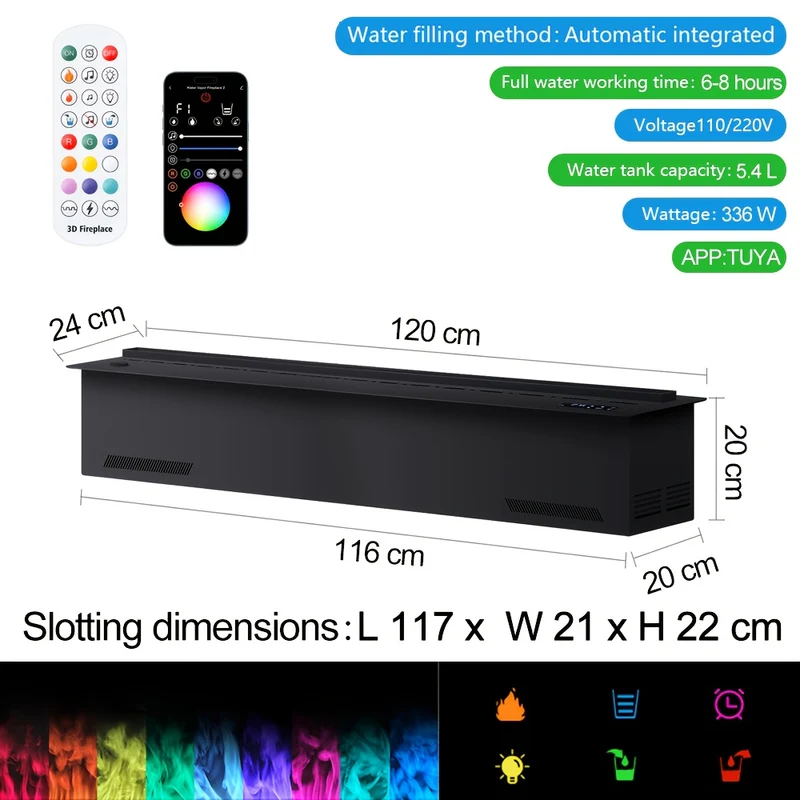 Elektrische Haard – Sfeerhaard – Openhaard – Elektrische Kachel – Wanddecoratie – 120 cm – 9 Kleuren LED Vlammensimulatie – Luchtbevochtiger Met Geluidseffect