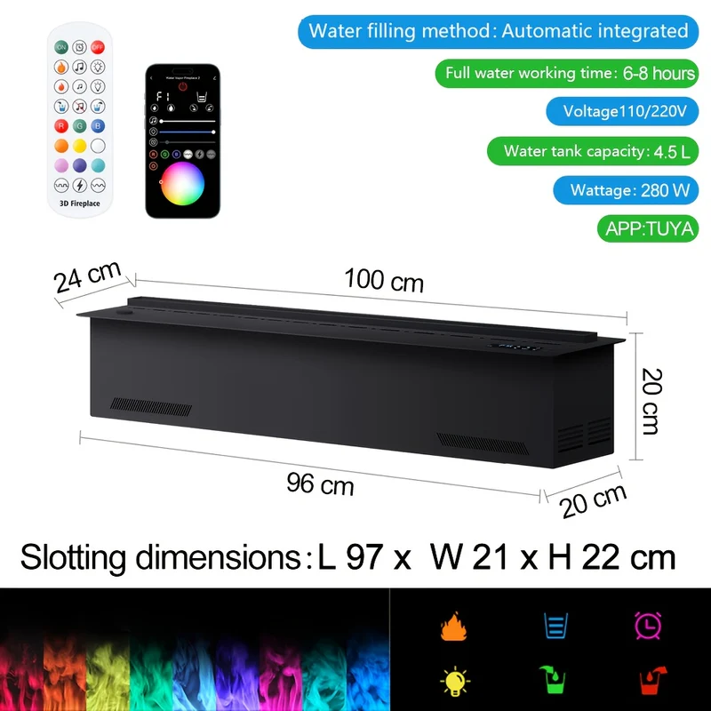 Elektrische Haard – Sfeerhaard – Open Haard – Elektrische Kachel – Vrijstaande Haard – 100 cm – 3D LED Vlammen – App & Afstandsbediening