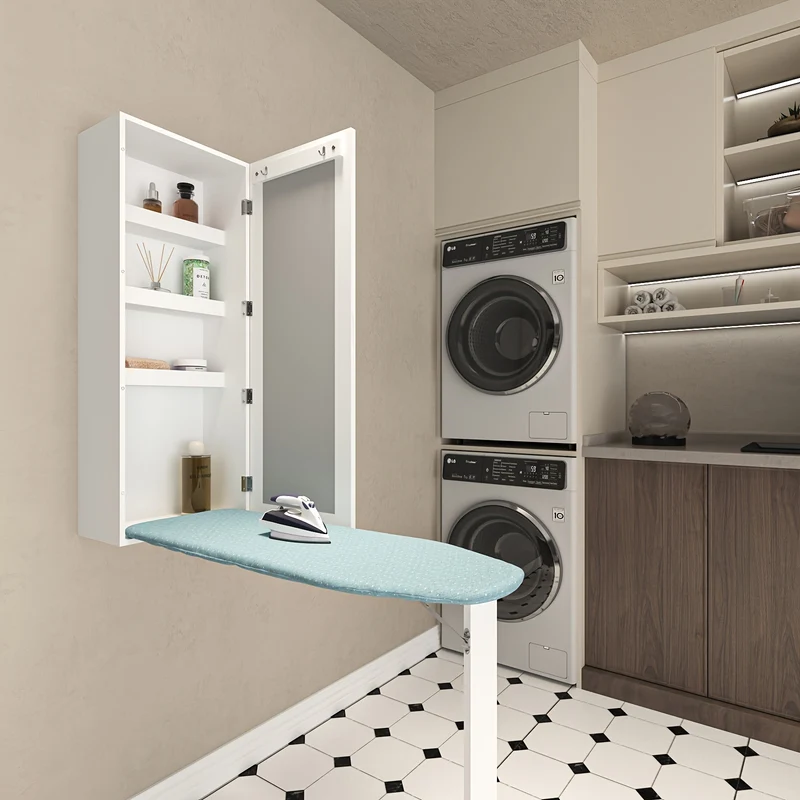Wandstrijkplank – Opklapbare Strijkplank – Strijkbord Met Opbergruimte – Muurstrijkplank – Inclusief Spiegel – Ruimtebesparend Design – Hout En Metaal