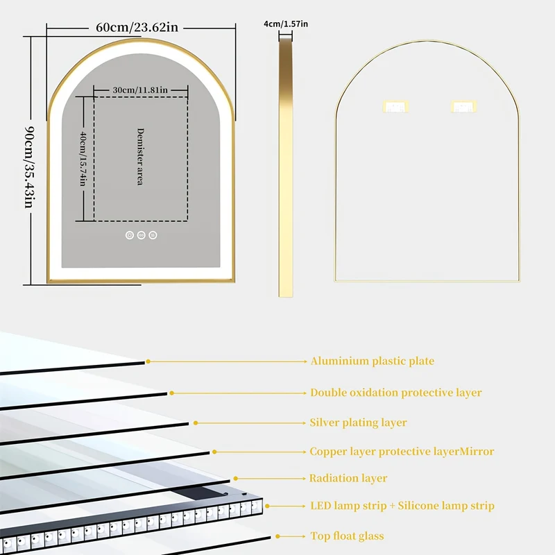 Badkamerspiegel – Led Spiegel – Wandspiegel – Make-up Spiegel – Anti Condens Spiegel – Goud Aluminium Frame – 60x60 cm – Dimbaar – Anti-Fog Verwarmingselement