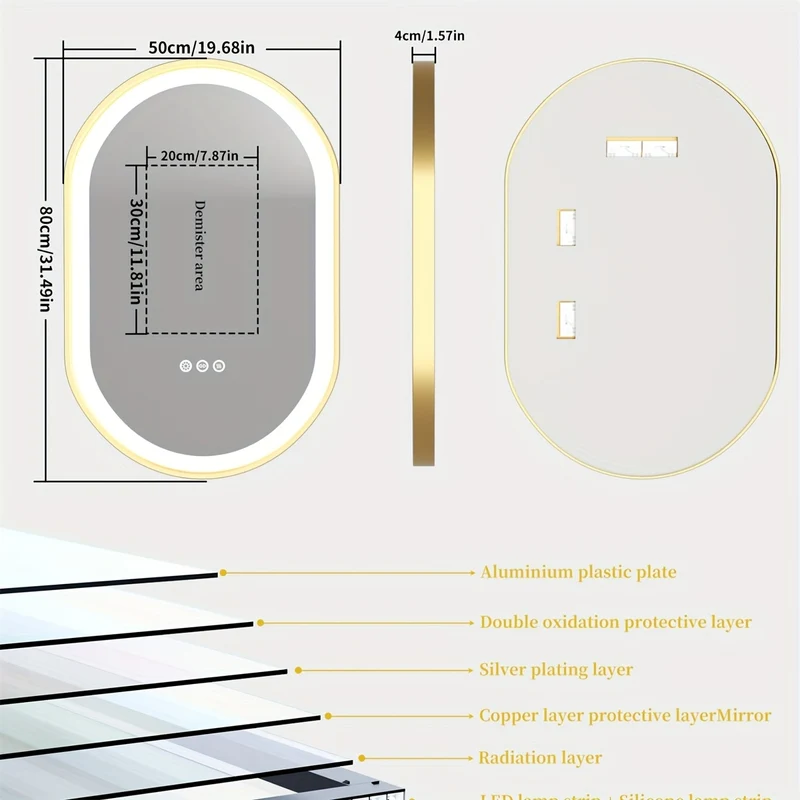 Ovaal LED Badkamerspiegel – Spiegel – Make-up Spiegel – Wandspiegel – Antibeschlag Spiegel – 50x80 cm – Gouden Aluminium Frame – Antibeschlagfunctie met Dimbare LED-verlichting
