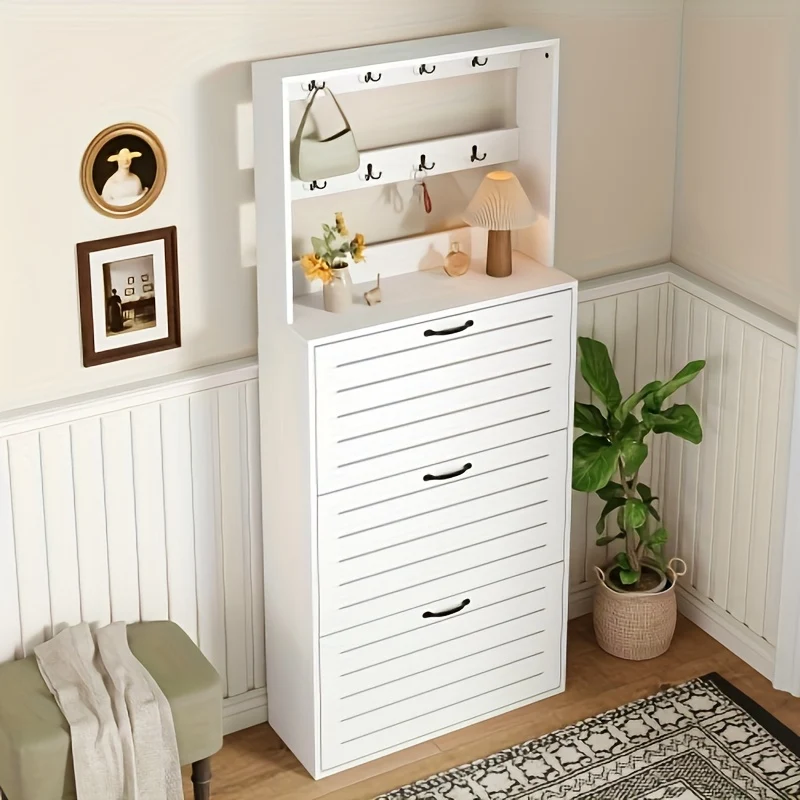 Schoenenkast – Schoenenrek – Schoenenopberger – Schoenenkast Met Haakjes – Smalle Witte Schoenenkast – 3 Deuren – Opbergruimte Voor 15 Paar Schoenen