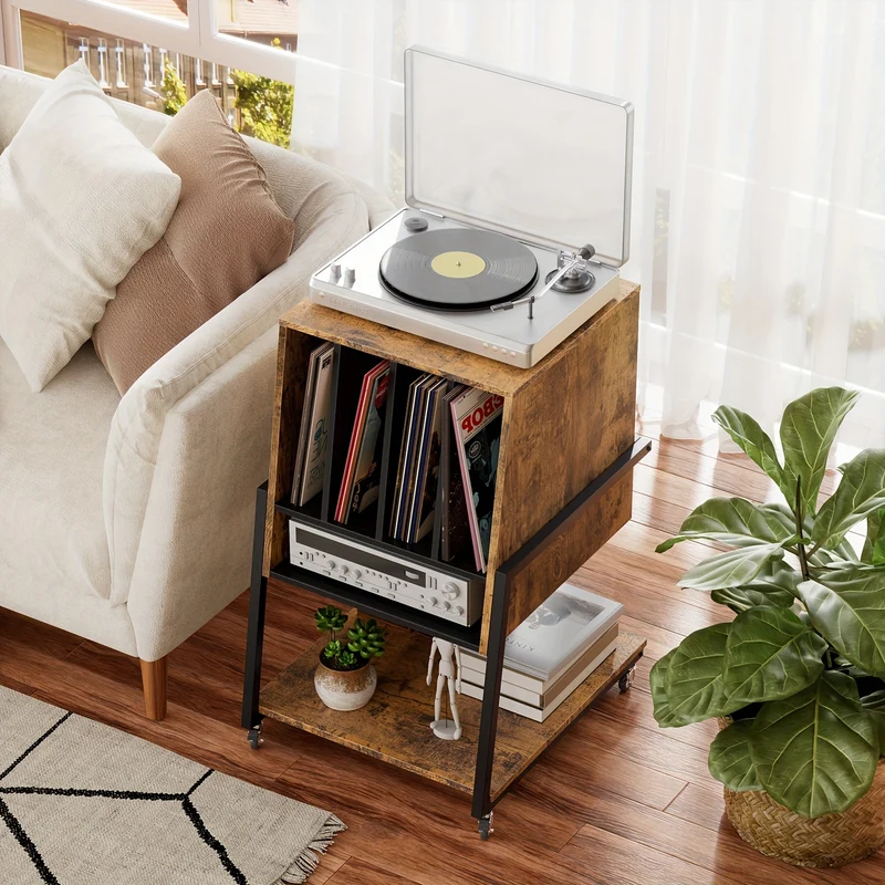 Platenspelerstandaard – Platenspelermeubel – Draaitafelstandaard – Vinyl Opberger – Platenkast – Vintage Houten Design – Opbergruimte Voor 120 Albums – Stevige Massief Houten Constructie - Vintage Bruin