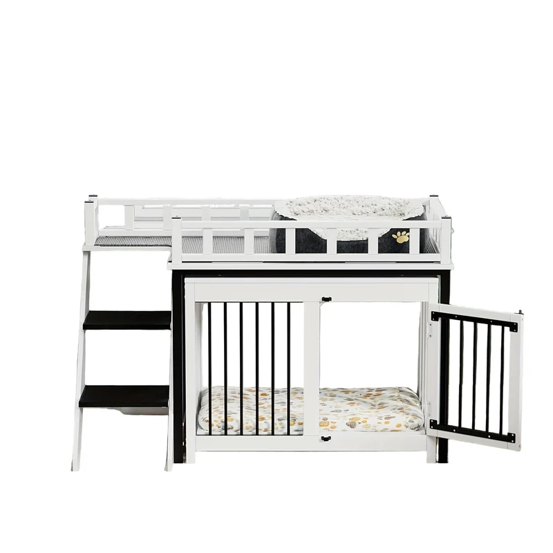 Hondenbench – Hondenkooi – Dierenkooi – Hondenhok – Hondenhuis – Met Trap – Massief Hout & Metalen Deur – 120x56x65 cm – Inclusief Zachte Matras en Dekentje – Zwart-Wit