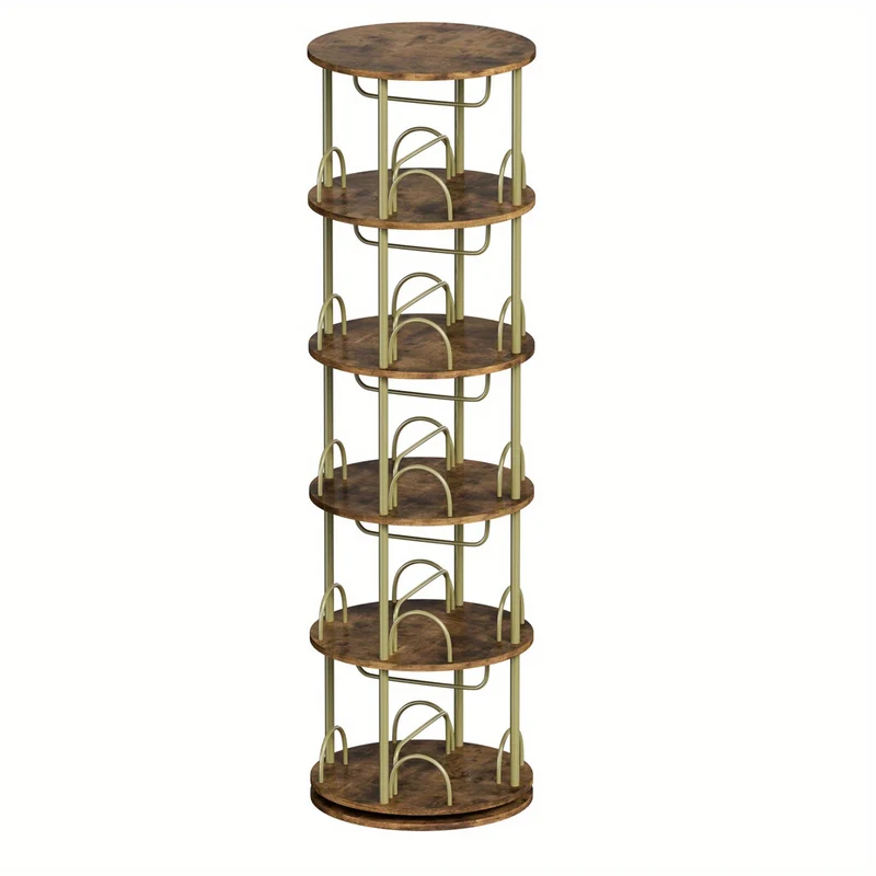 Boekenkast – Boekenrek – Opbergkast – Vakkenkast – Stellingkast – Draaibaar 360° – 5 Lagen Massief Hout – Rond Design