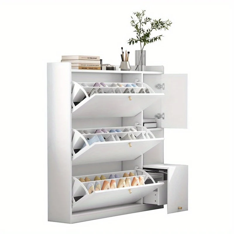 Schoenenkast – Schoenopberger – Schoenmeubel – Schoenrek – Schoenbank – Wit MDF – Kantelbare Lades en Opvouwbare Zitbank