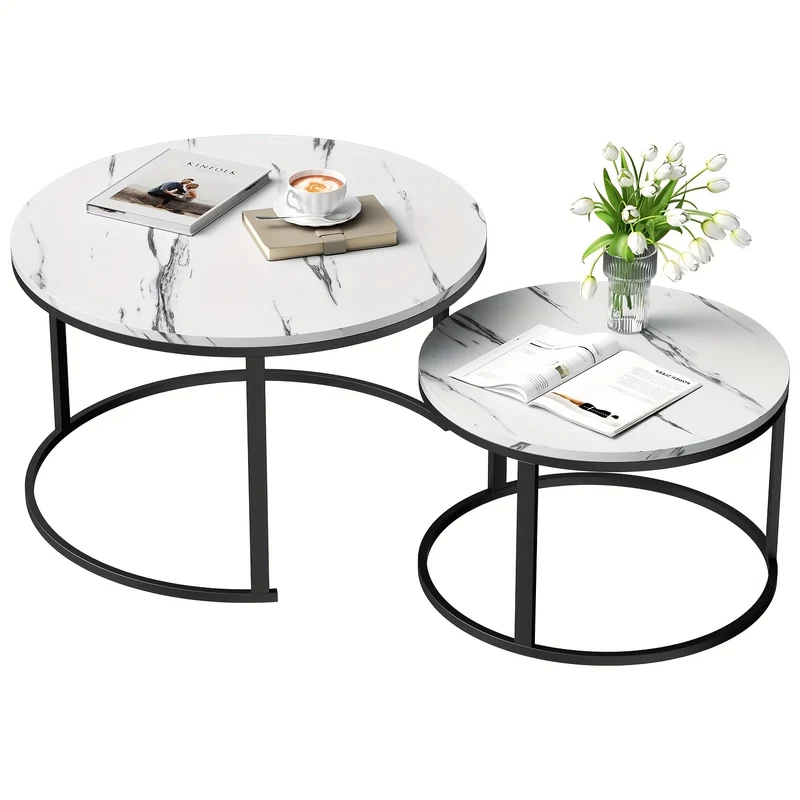 Salontafel – Bijzettafel – Koffietafel – Woonkamertafel – Set van 2 Ronde Tafels – Kunstmarmer Tafelblad – Diameter 80 & 60 cm – Modern Design – Zwart