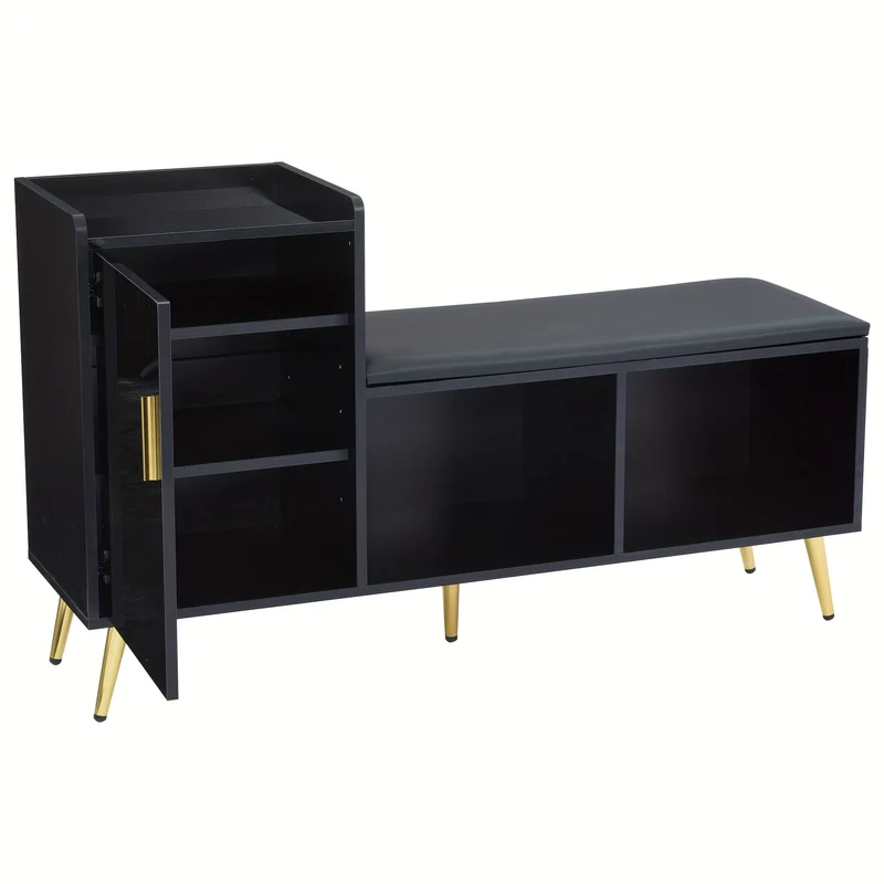 Schoenenbankje – Schoenenkast – Schoenenopberger – Schoenenrek – Schoenenbank – Bamboe Materiaal – Hoogglans Zwarte Afwerking – Ruimtebesparend Design – Goudkleurige Accenten