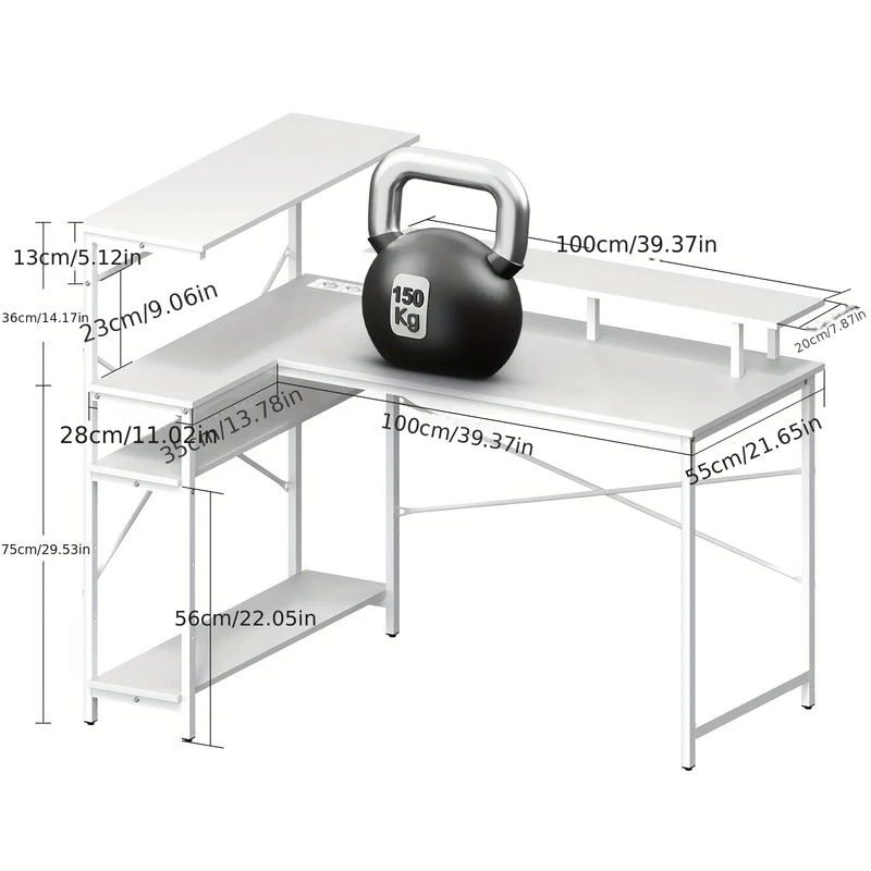 L-vormig Wit Computerbureau met Planken en Steunpaneel – Multifunctioneel Werkstation voor Kantoor, Slaapkamer, Studieruimte of Gaming Setup
