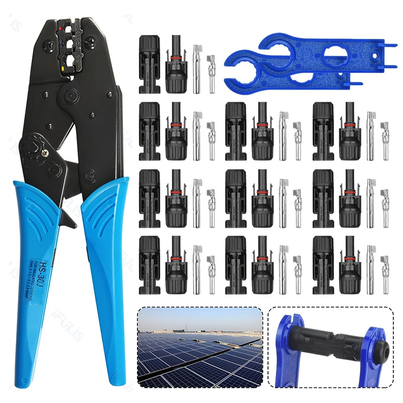 PV-Connector Set met Druk- en Klemgereedschap – MC4 Connectoren, Platte Moer met Koperen Kern, PPO Isolatie en Koper-Tin Plating – Geschikt voor Thuisinstallatie en Onderhoud