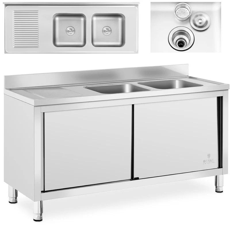 Dubbele Spoelbak – Keukenspoelbak – RVS Spoelbak – Gastronomische Spoelbak – Spoelunit Met Kast – Roestvrij Staal – 160x60x95 cm – Dubbele Bak 40x40 cm – Kast Met Schuifdeuren