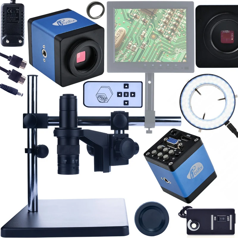 Professionele Digitale Microscoop met Verstelbare Arm 0.5X PZRR - Blauwe HDMI/VGA Camera + Verstelbare Standaard + LED Ringlamp - Ideaal voor Soldeerwerk, PCB Inspectie en Precisie Reparaties