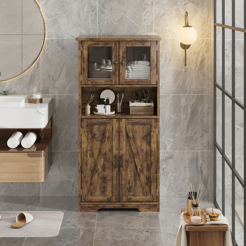 Kast – Opbergkast – Bergkast – Badkamerkast – Kast Met Glazen Deuren – 127 cm Hoog – MDF Materiaal – Verstelbare Planken – Vrijstaand – Anti-Kantel Veiligheid – Modern Bruin Design