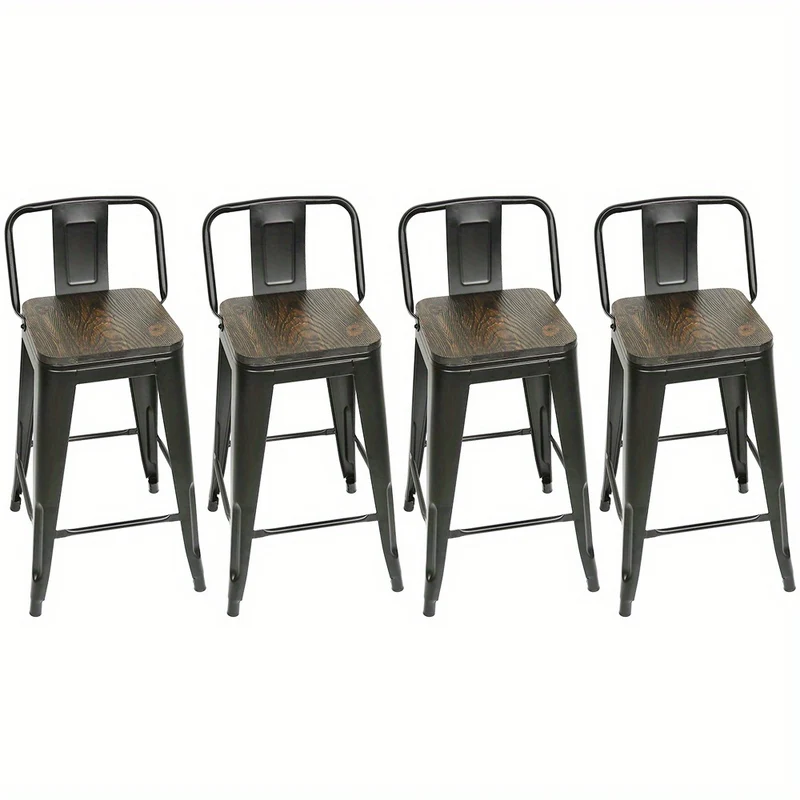 Barkrukken – Barstoelen – Keukenstoelen – Barkruk Set – Hoge Barkrukken – Vintage Industrieel Design – Hardhouten Zitting – Metalen Onderstel – Set van 4 – Zithoogte 63,5 cm – Eenvoudig te Monteren