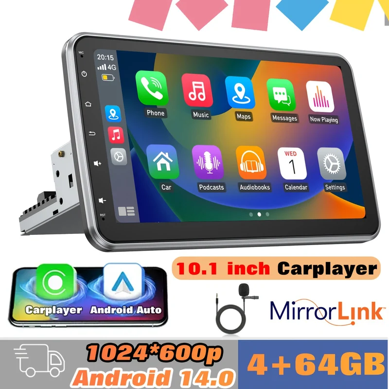 ESSGOO 4+64G Auto Radio Android 14.0 Rotatable Stereo Single DIN Fit 10.1 Inch/25.56cm Split Screen with Wireless Carplayer & Android Auto, WiFi FM Radio with ASP Sound Setting, SWC Mirror Link Intelligent System, Support Re