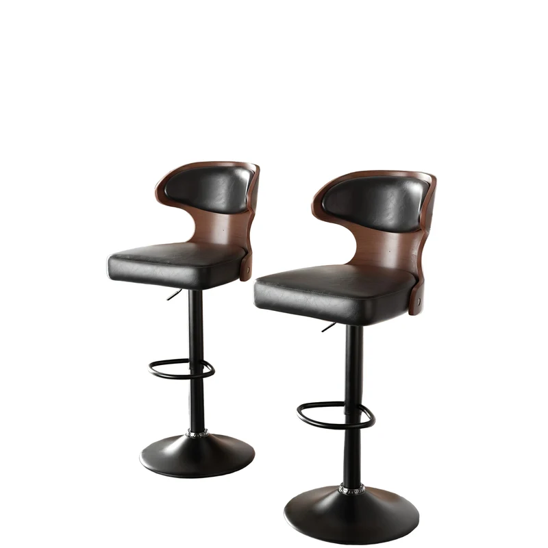 Barstoelen – Barkrukken – Keukenstoelen – Eetkamerstoelen – Draaibaar – Verstelbare Zithoogte 62-85 cm – PU Leren Zitkussen Met Rugleuning En Voetsteun – Houten Frame – Set Van 2 – Zwart