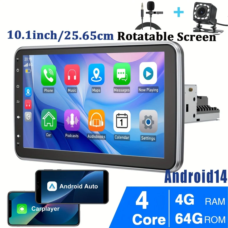 Autoradio – Autostereo – Multimedia Speler – Touchscreen Radio – Android Head Unit – 10,1 Inch Draaibaar Scherm – Android 14 Systeem – Inclusief Microfoon en Backup Camera