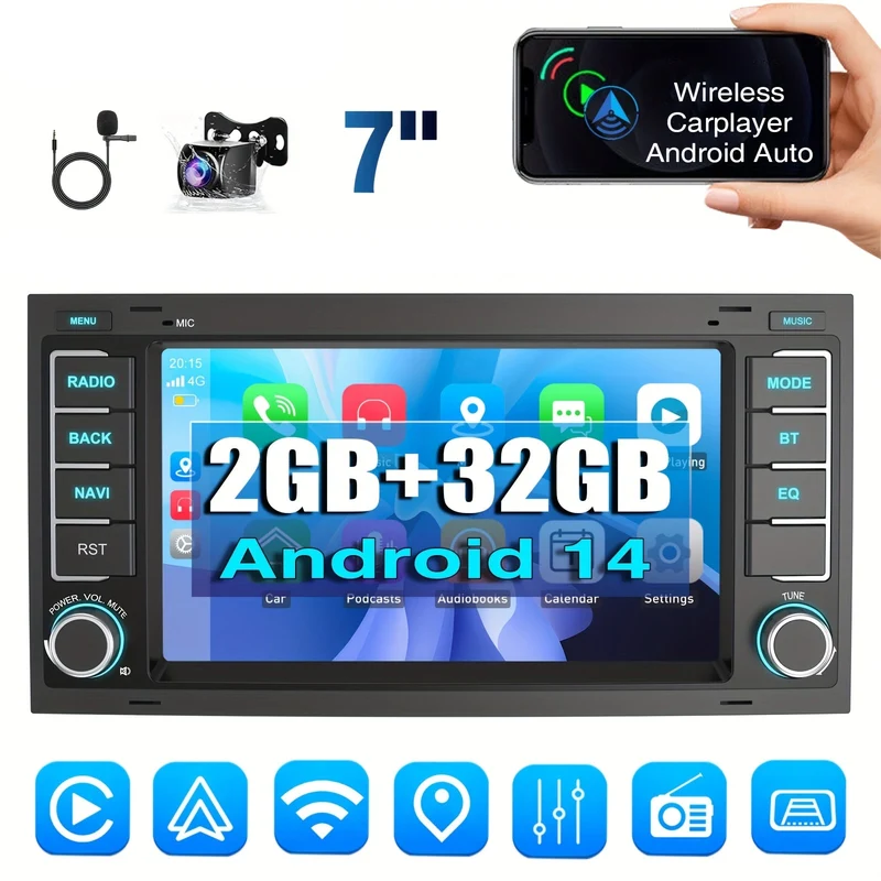 Android 14 Autoradio – Multimedia Unit – GPS Navigatie – Car Audio – Inbouw Radio – 7 Inch HD Touchscreen – Draadloos CarPlay & AHD Achteruitrijcamera