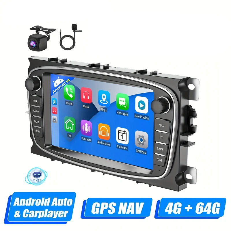 Car Stereo – Autoradio – Multimedia Speler – 2-DIN Touchscreen – Android 14 – 7 Inch IPS Scherm – Draadloze CarPlay & Android Auto – Inclusief AHD Achteruitrijcamera & Microfoon