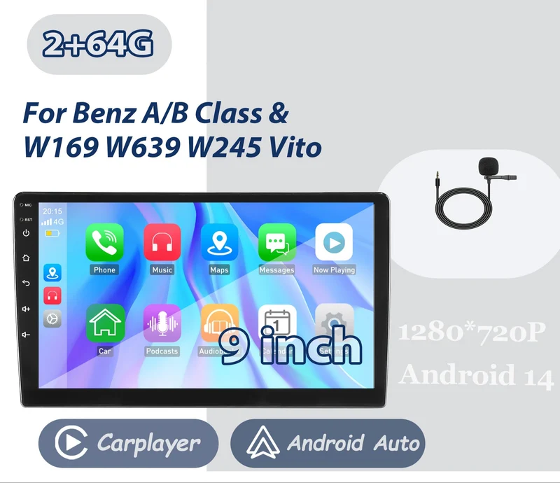 Autoradio – Car Stereo – Multimedia Speler – Auto Radio – 2-DIN Radio – Android 14 – 9 Inch IPS Touchscreen – Draadloos CarPlay & Handsfree Bellen met Microfoon