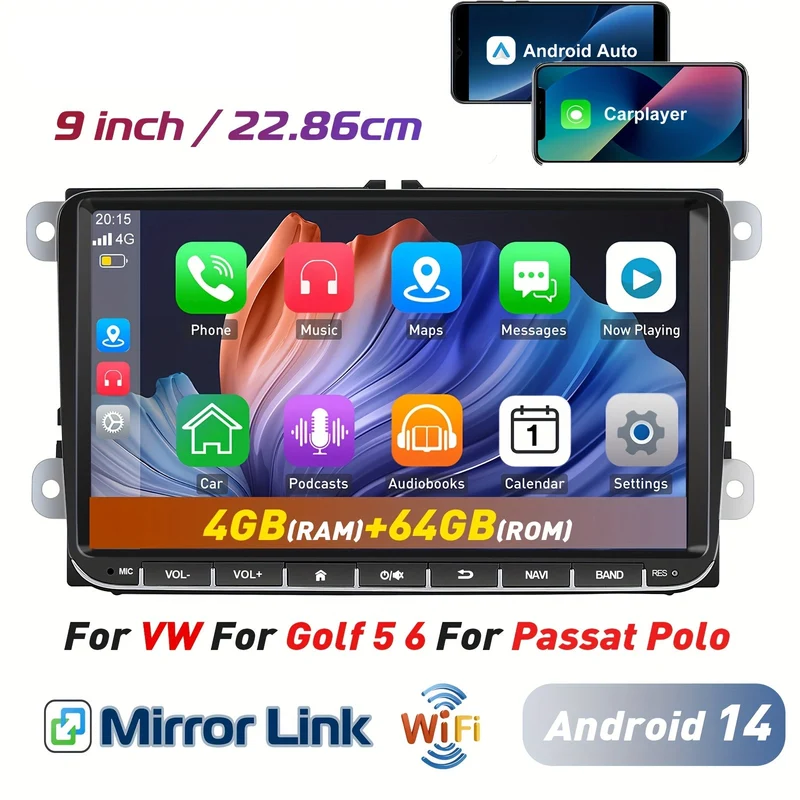 Autoradio – Multimedia Speler – Car Video Speler – Auto Stereo – 9 Inch IPS Scherm – Android 14 – Draadloos CarPlay & Android Auto