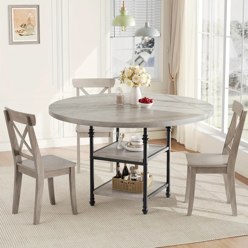 Eettafel Rond – Ronde Keukentafel – Eetkamertafel – Ronde Tafel – Eethoek – 4 Persoons – 3 Opbergplanken – 4,06 cm Dik Houten Blad Met Metalen Poten – Compact Modern Grijs Design