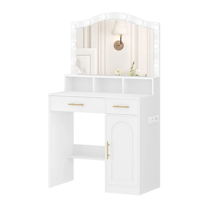 Kaptafel – Make-up Tafel – Cosmeticatafel – Vanity – Opmaaktafel – Wit met Gouden Accenten – Grote HD Spiegel – 2 Laden en Opbergkast