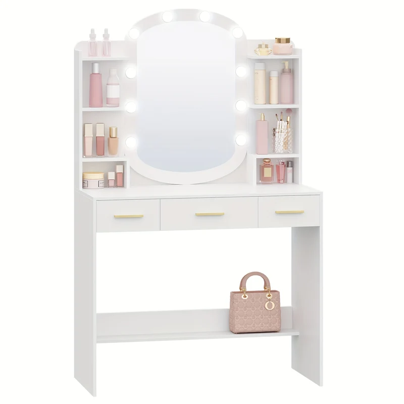 Kaptafel – Make-up tafel – Tocatoren – Vanity – Dressings Table – Linnenwit – 10 LED lampen met 3 lichtstanden – 3 lades en 6 open vakken