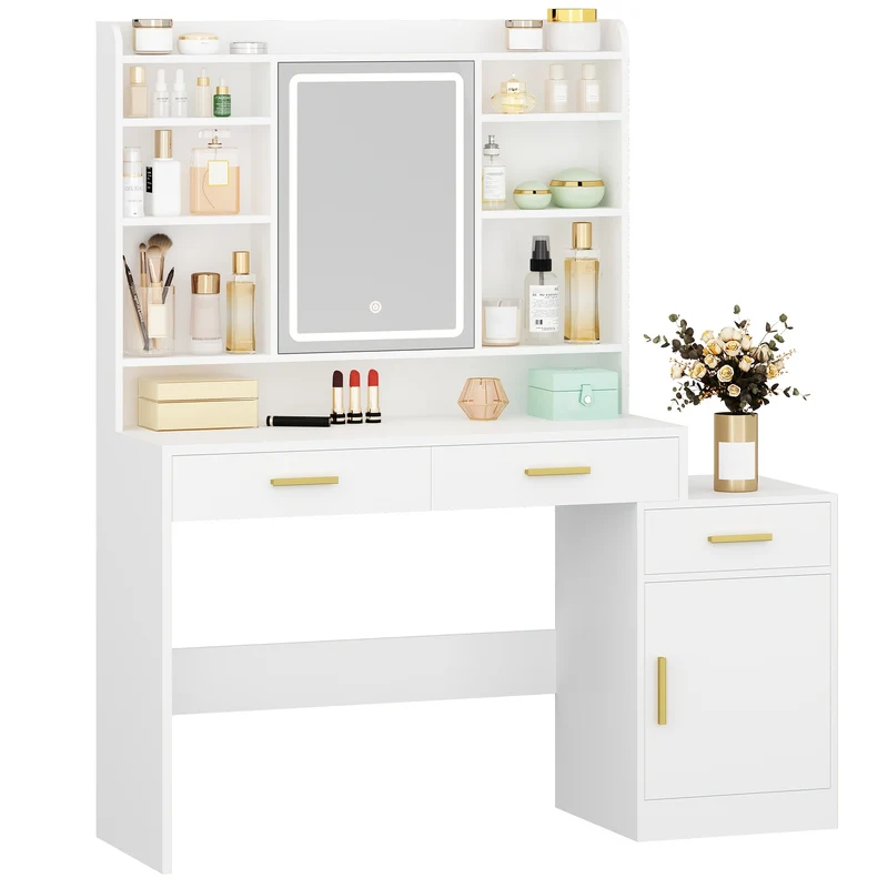 Kaptafel – Make-uptafel – Dressoir – Schminktafel – Slaapkamermeubel – LED-spiegel Met Verstelbare Lichtkleuren – Ruim Tafelblad 130 cm Breed – Wit
