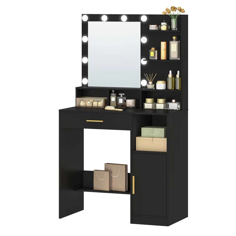 Make-up Tafel – Kaptafel – Schminktafel – Make-up Bureau – Vanity Set – Zwart – 10 LED Verlichting – Ruime Opbergruimte Met Laden En Planken