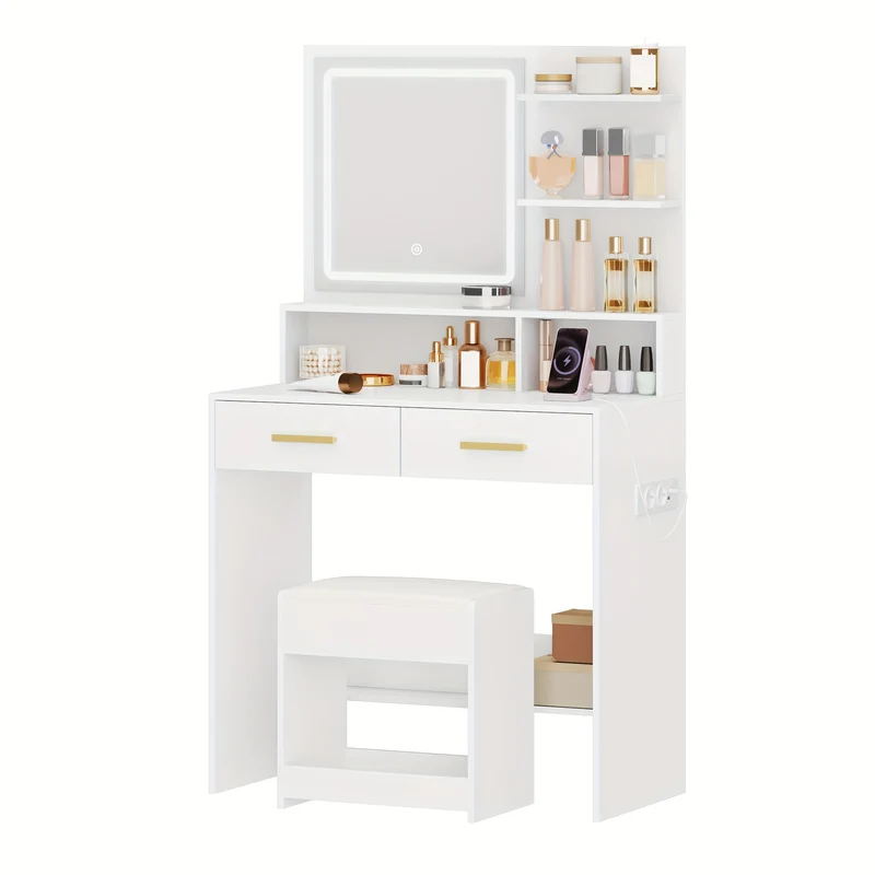 Kaptafel – Make-up Tafel – Dressing Table – Cosmeticatafel – Witte Kaptafel Met Zitkruk – 2 Lades & Open Planken – Ingebouwd Oplaadstation & Instelbare LED-Verlichting – 80x40x140 cm