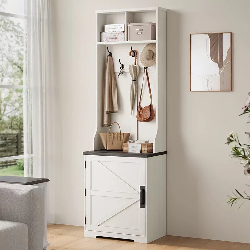Kapstok – Halmeubel – Garderoberek – Schoenenrek – Zitbank – Wit Hardhout – Vrijstaand – 4 Haakjes – Opberglade – Compact Design