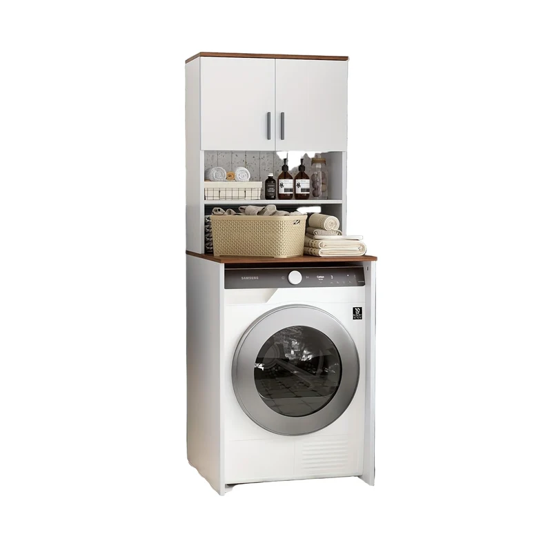 Wasmachinekast – Hoge Kast – Badkamerkast – Opbergkast – Wasmachine Ombouw – Verstelbare Planken – Wit – 65x170x60 cm – Duurzaam Hout & Kunststof