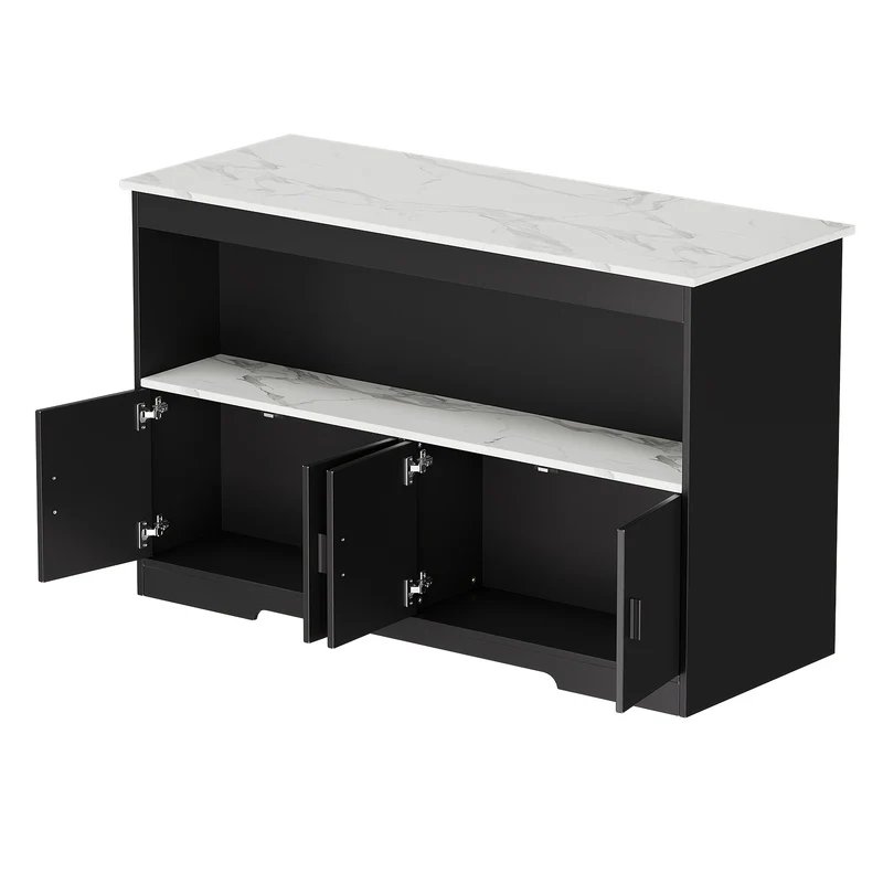 Keukeneiland – Keukentrolley – Keukenkast – Serveerwagen – Buffetkast – Marmerlook Blad – Stevig Hout Met Veel Opbergruimte - Zwart en Wit