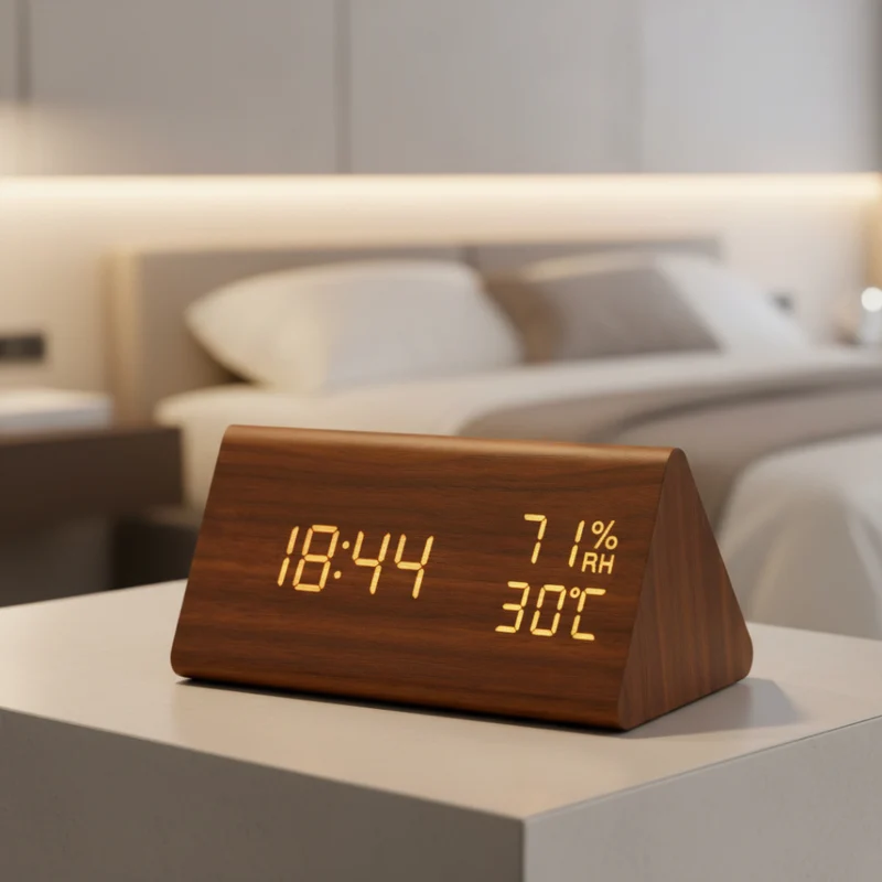 OCS - multifunctionele Houten LED alarmklok met Temperatuur & Luchtvochtigheid - Digitale wekker met Dimbaar Display